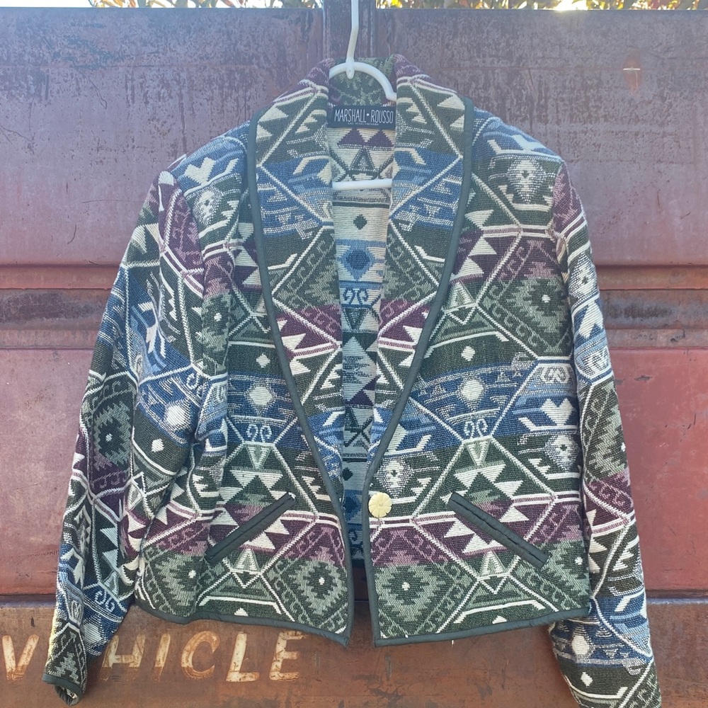 Rare Marshall Rousso Woven Tapestry Jacket Aztec Print